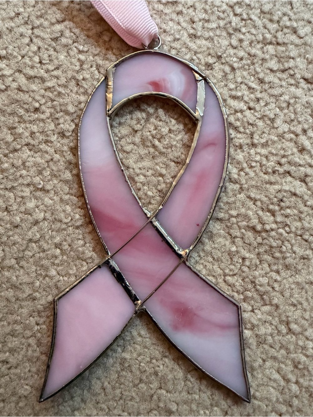 Pink Ribbon Stained Glass Suncatcher Breast Cancer Awareness Ornament 6 Inch